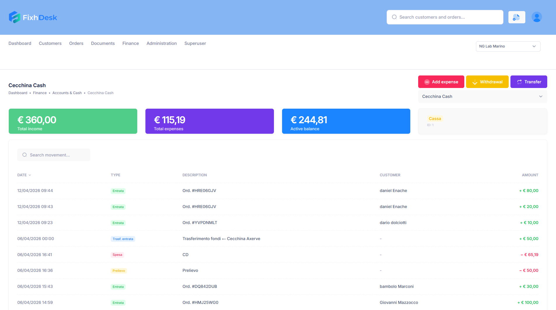 FixhDesk bank accounts screenshot